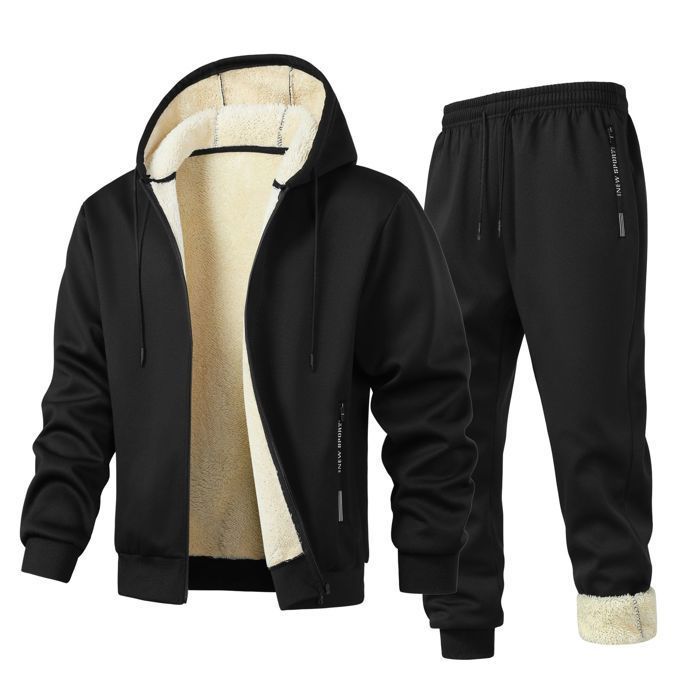 Survêtement Homme à Capuche Doublé Polaire Ensemble Veste Sweat Chaude Et Pantalon de Jogging Taille Elastique Couleur Unie - Noir