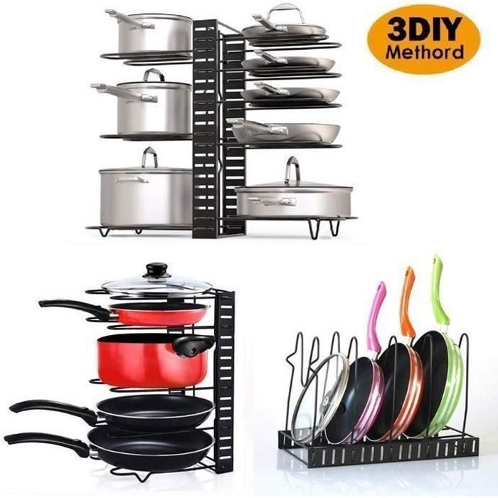 Range-couvercles Et Casseroles Extensible Métal | 13 Compartiments Réglables | Pour Armoire Ou Comptoir | Noir | Économie D'espace