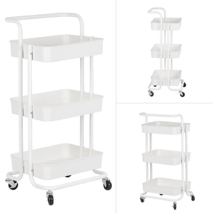 BLANC Meuble de Rangement à Roulettes - Chariot de Cuisine Salle de Bain à Roulettes - Desserte Roulante à 3 Étages