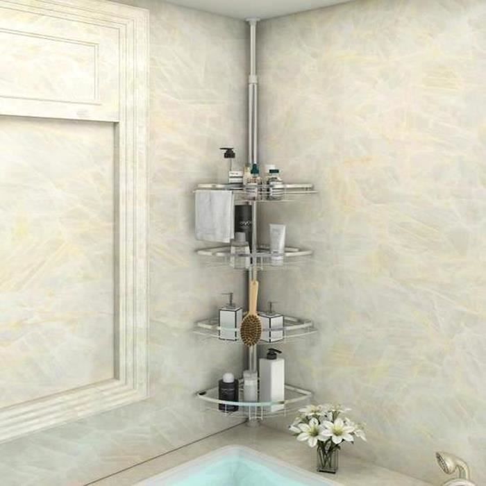 Etagère de douche télescopique à 4 étagères – Serviteur de douche à fixation facile – Etagère d’angle extensible