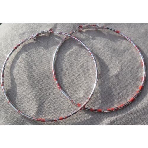 Créoles Fantaisie Rouges Argentées – Grandes Boucles D'oreille Anneaux Femme 6,5 Cm