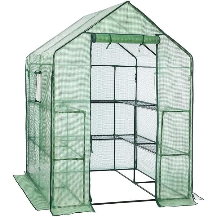 Serre De Jardin LARMNEE 145x141x198cm - 10 Étagères - Porte Enroulable Et Fenêtres - Anti-UV - Vert