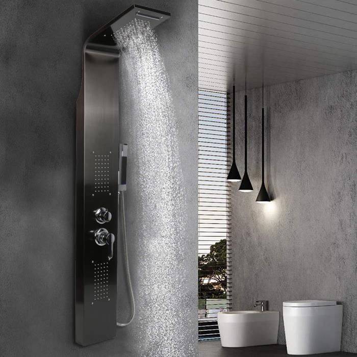 Colonne de douche hydromassante design noir et bois avec jets, dôme de  pluie et cascade A216 - Salledebain Online