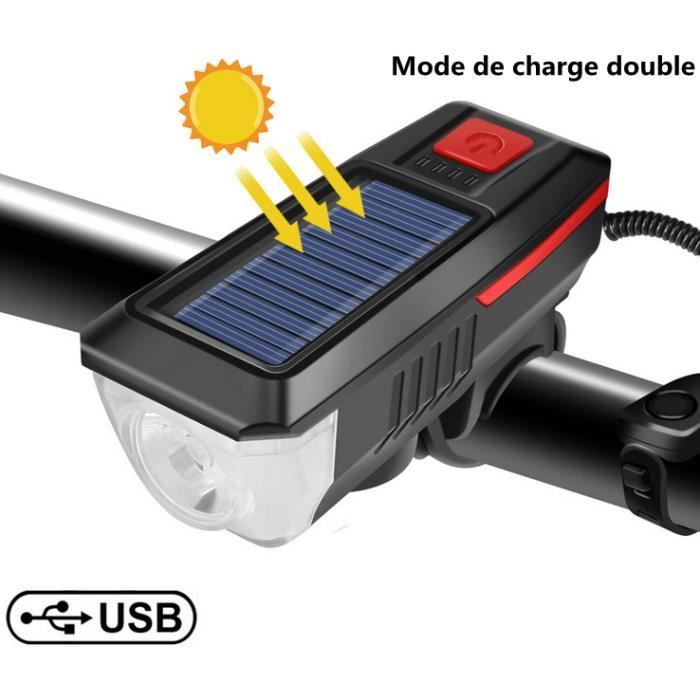 Lumiere de velo Rechargeable par Port USB et energie solaire Trois lumieres de velo etanche fortes de faibles a fortes