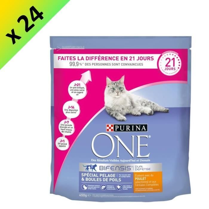 Purina One Croquettes Au Poulet Et Aux Cereales Completes Pelage Boules De Poils Pour Chat Adulte 450 G Lot De 24 Cdiscount Animalerie