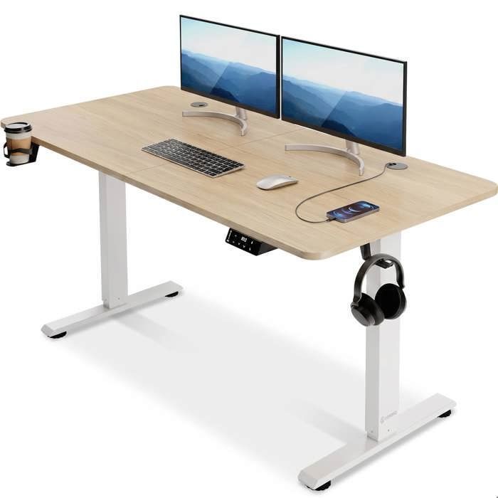 Casaria Bureau réglable en hauteur électrique Beige 140 cm bureau assis debout écran LCD support accessoires télétravail