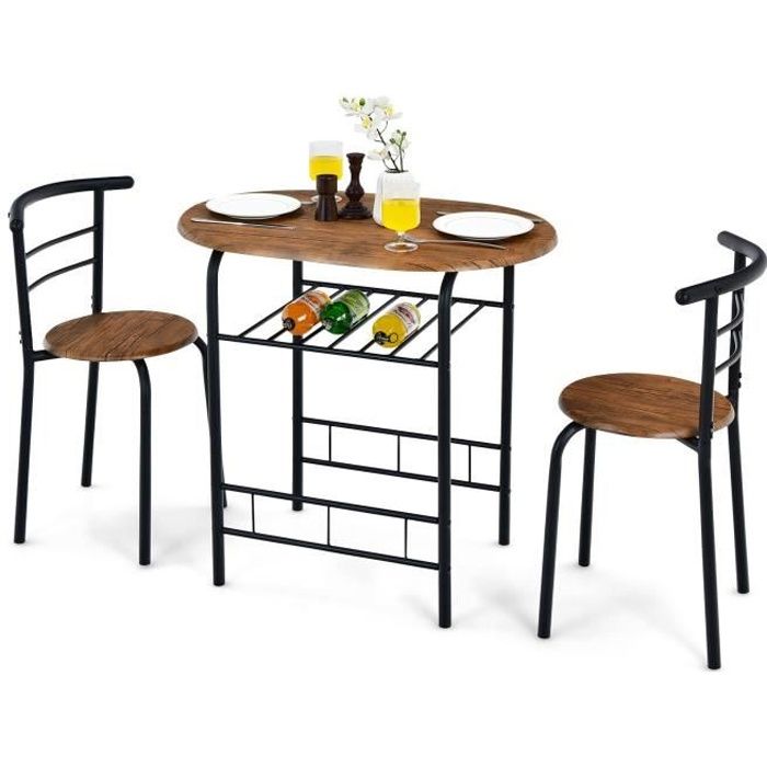 costway ensemble de table et 2 chaises de salle à manger, table de cuisine : 80 x 53 x75cm (l x l x h) cadre en métal marron + noir