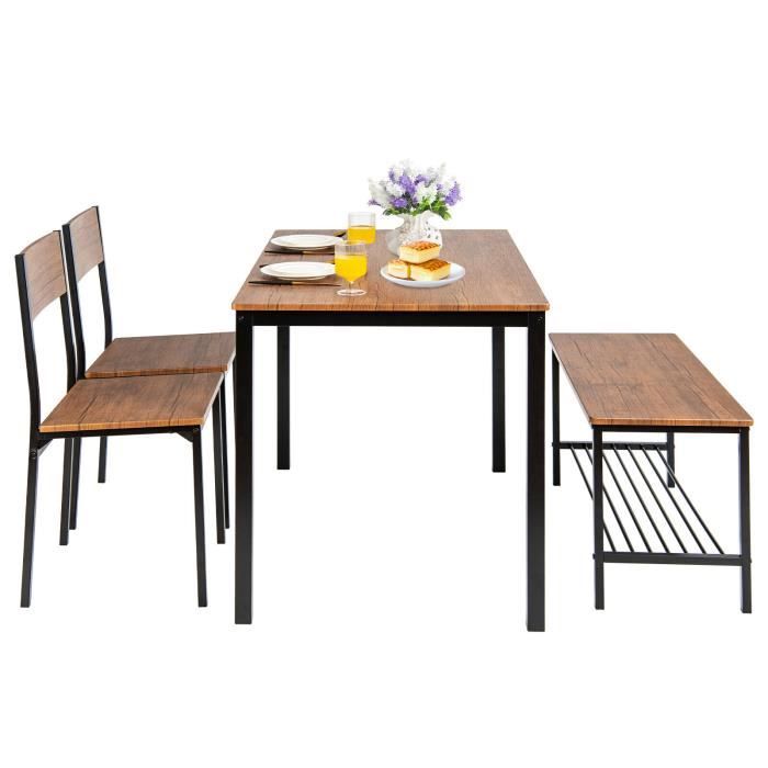 COSTWAY Ensemble Table à Manger et 2 Chaise 1 Banc - 4 Personnes Industriel Structure en Métal pour Restaurant Cuisine Marron