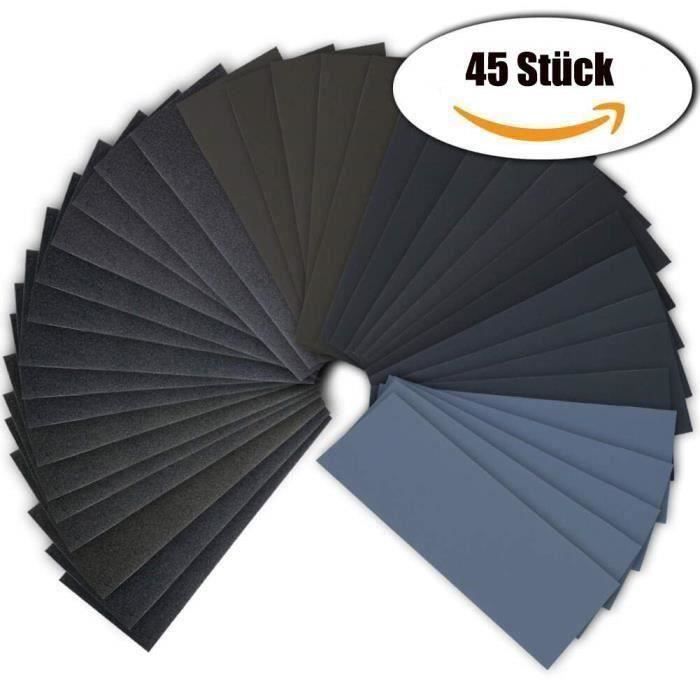 HAWERK Lot De 45 Feuilles Abrasives Professionnelles | Grain 80-3000 | Humide Et Sec | Papier Abrasif Pour Voiture/meubles En