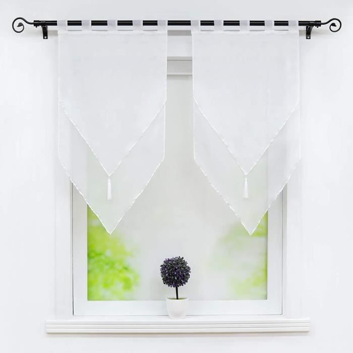 Lot de 2 Store bateau romain de fenêtre Voilages à Double Couche Transparent en Polyester à Passants L-H 60x90cm-Blanc