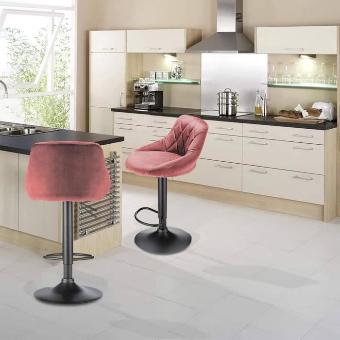 Chaises de bar en velours à carreaux - HUOLE - Lot de 2 - Rose - H: 89 - 109 cm