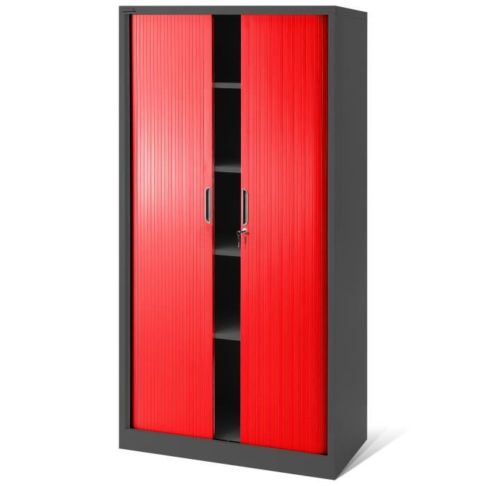armoire rideaux de bureau métallique 4 étagères porte roulante tôle d'acier verrouillable 185 cm x 90 cm x 45 cm (anthracite/rouge)
