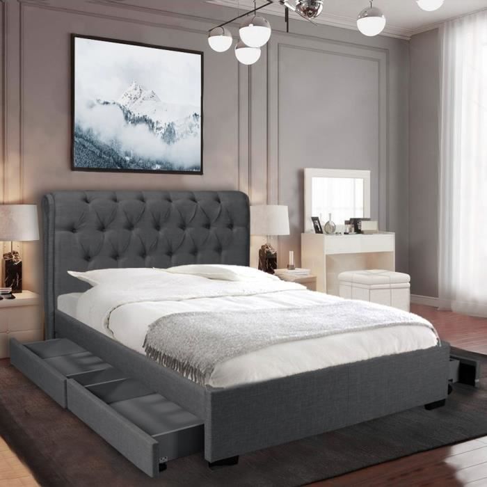 lit avec tiroirs - lequaidesaffaires - chelsea 160x200 - gris foncé - campagne