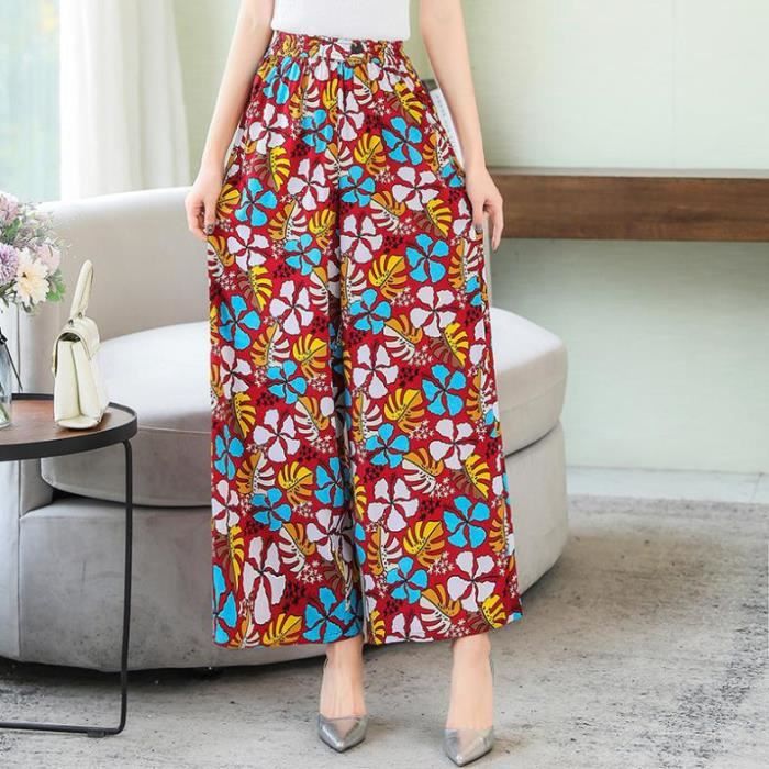 Pantalon Femme Ete Confortable Imprime Floral Plage Ample Rouge3 KJEHOME