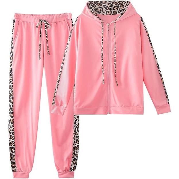 Survêtement Femme - Imprimé Léopard - Rose - Ensemble Pull à Capuche et Jogging Pantalon
