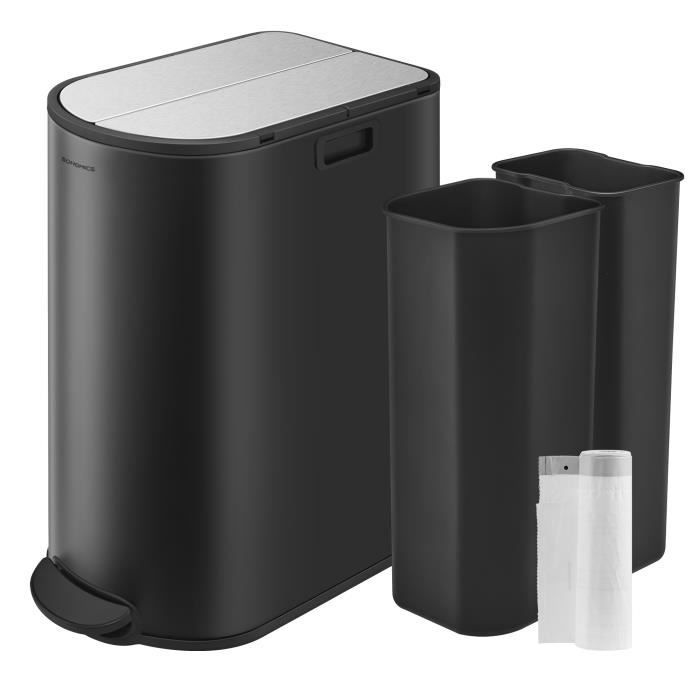Poubelle de Cuisine Double 30L et 20L 2 Compartiments avec Pédale et Couvercles Ailes Noir dEncre et Argent Métallique