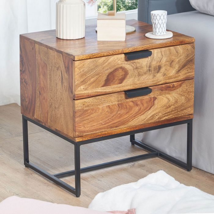 Table de Chevet - WOHNLING - 50x40x51 cm - Bois Massif - 2 Tiroirs - Style Industriel Table de Chevet - WOHNLING - 50x40x51 cm - Bois Massif - 2 Tiroirs - Style Industriel