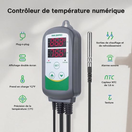 Nashone WIFI Prise Thermostat Chauffage Refroidissement Regulateur de  Temperature,Thermostat Numerique Thermostat Terrarium avec Sonde 2 Relais  220V pour Couveuse,Brassage - AliExpress