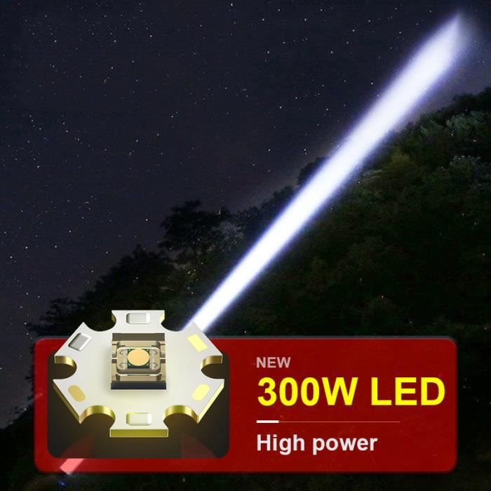 Lampe de poche LED puissante, 300000 Lumens, 300W, Rechargeable