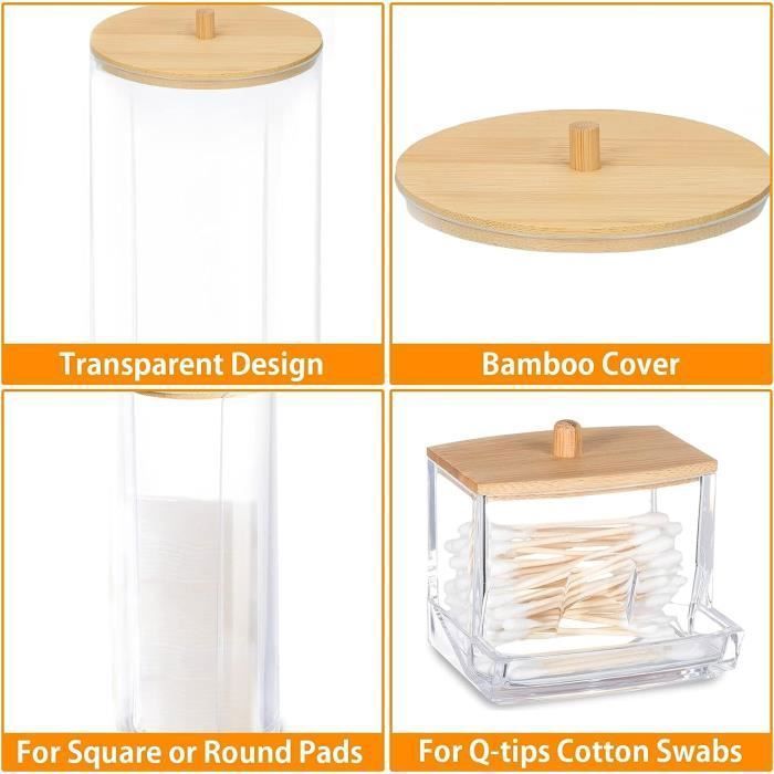 Lot De 3 Boîtes Distributeurs Coton-Tige & Démaquillant – Acrylique Transparent + Couvercle Bambou, Design Élégant Salle De Bain