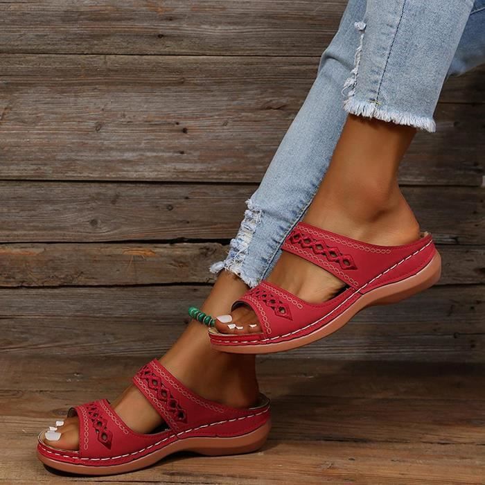 Sandales Femme Ete Confortable Elegantes Pied Large Cuir Sandales Chic Elegante Vacances Compensees