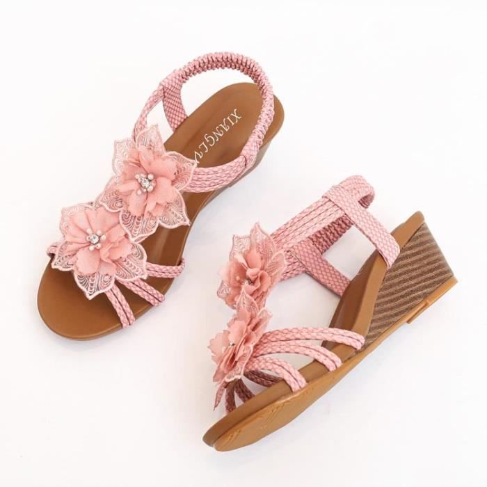 Sandale Compensée SURFBISCUS 4 Cm - Ruban Satiné Rose - Taille 39/40 - Déstockage