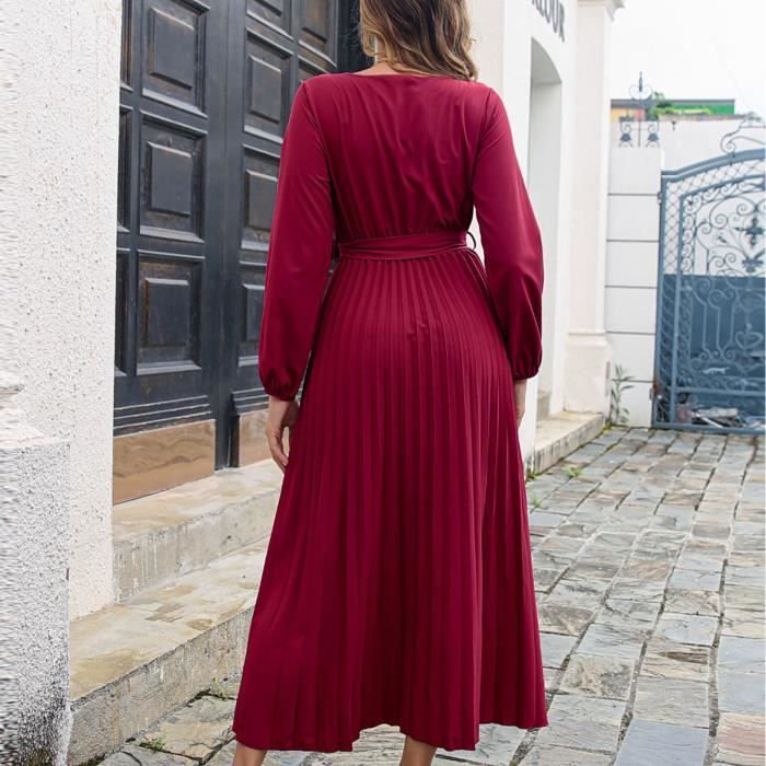 Garosa robe ceinturee Robes de Soiree a Manches Longues pour Femmes Sexy Col en V Maxi Robe Elgant Longue Robe de lingerie robe Wine red Cdiscount Pret a Porter
