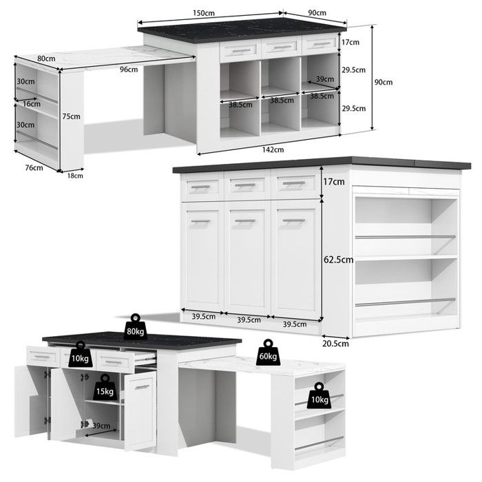 Îlot De Cuisine Central Avec Roulettes - Plan De Travail Extensible Jusqu'à 70 Cm - Rangement Pratique - Noir