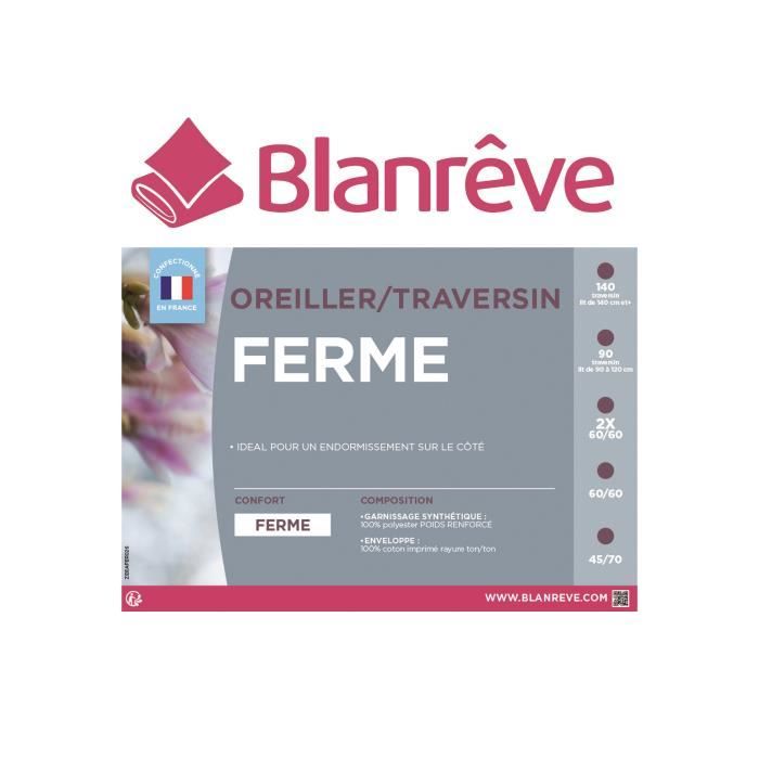 Oreiller Ferme Blanrêve Anti-Acariens - Garnissage Synthétique 600G - 60x60cm - Fabriqué En France