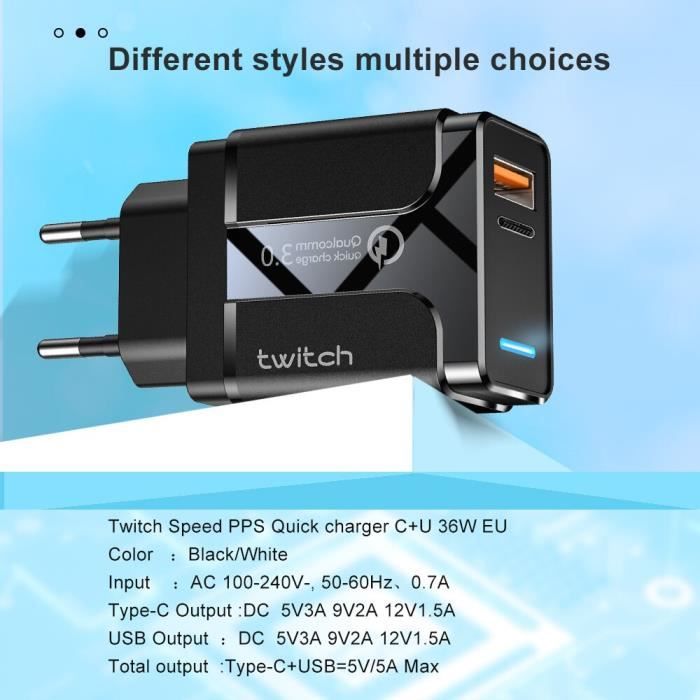 Chargeur rapide USB 4.0 3.0, 36W, QC 4.0 3.0, PD, pour téléphone iPhone 11  Pro, XR, Xiaomi mi10, Huawei UK black -MEAI4657 - Cdiscount Téléphonie