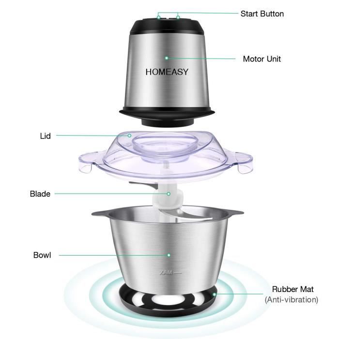 Hachoir Électrique HOMEASY 350W - Bol Acier Inox 2L - 4 Lames - Pour Viande, Légumes, Herbes - Facile à Nettoyer