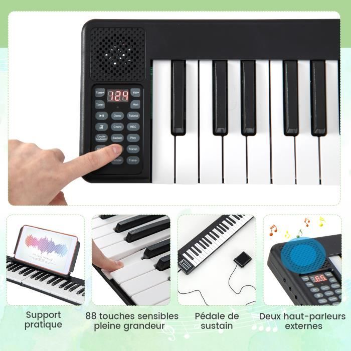 Piano électrique 88 touches avec triple pédale et support de piano, prend  en charge le micro audio MIDI USB et les écouteurs, clavier classique pour  adultes, enfants et débutants : : Instruments