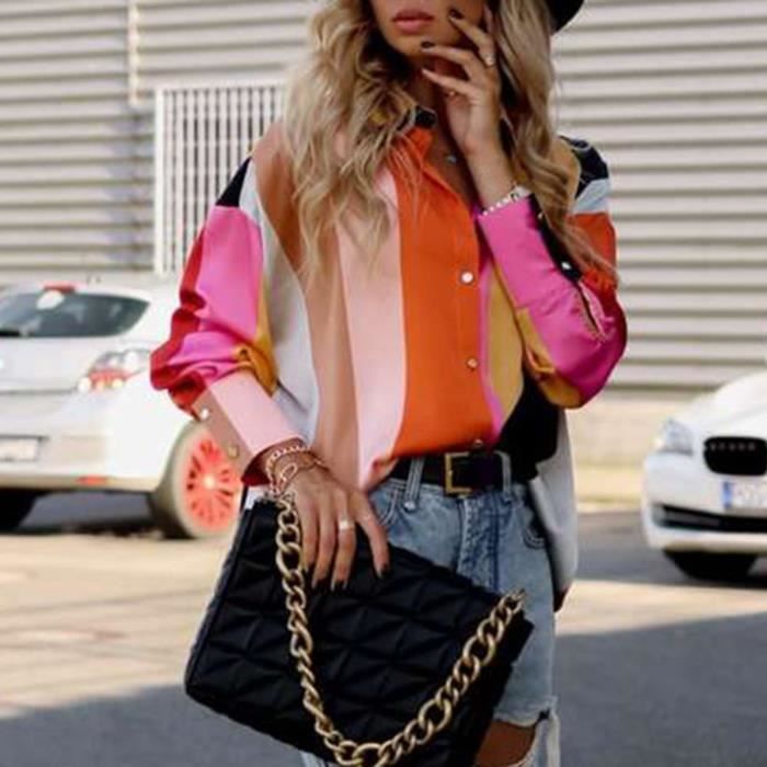 Chemise Femme Printemps Automne Imprimes Colores Col a Revers Manches Longues Lanterne Style Doux Respirant Blouse Femme Orange Cdiscount Pret a Porter