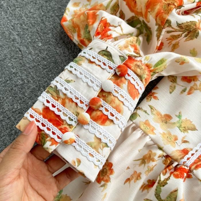 Vintage imprimé robe florale pour les femmes col en V à manches longues ...