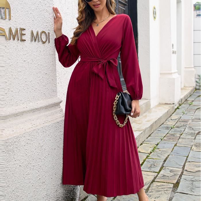 Garosa robe ceinturee Robes de Soiree a Manches Longues pour Femmes Sexy Col en V Maxi Robe Elgant Longue Robe de lingerie robe Wine red Cdiscount Pret a Porter