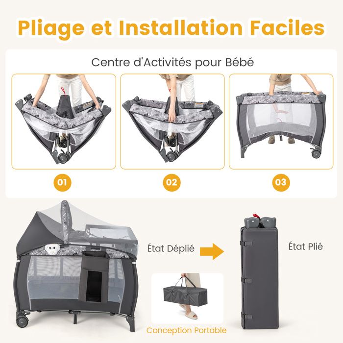 GOPLUS Lit Parapluie Bébé Pliable à Roulettes Avec Table à Langer Et Matelas - Lit Voyage 0-36 Mois, Gris, Charge 15kg