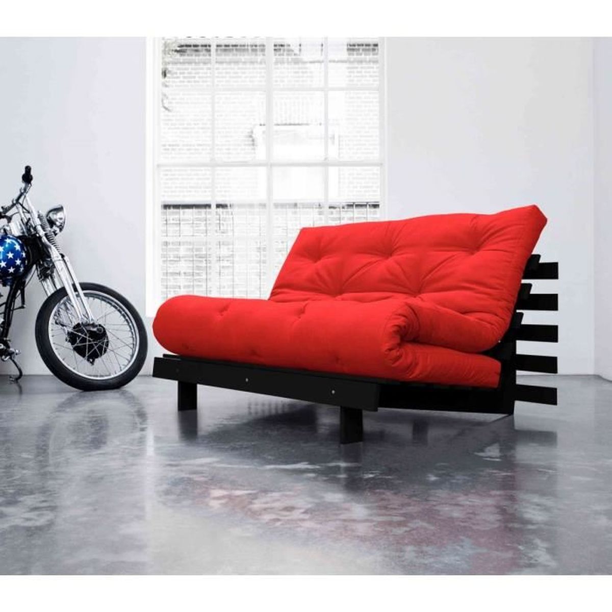 Pack Futon Matelas Latex Rouge Structure en Bois Wengé 140x200