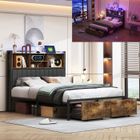 Lit adulte 160x200 cm - NMONET - 240506HGY - LED - 2 tiroirs - USB et Type C - Noir et Marron