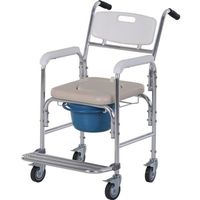 Chaise percée à roulettes - fauteuil roulant percé - chaise de douche - seau amovible, accoudoirs, repose-pied - acier chromé HDPE
