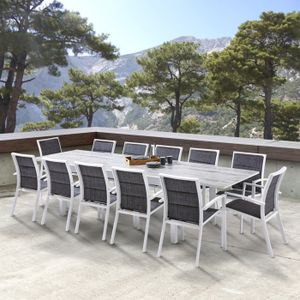 Ensemble table et chaise de jardin Salon de jardin - Wilsa - Ensemble ModuloWood T 8/12 + F 12 - Blanc - Métal - Extérieur