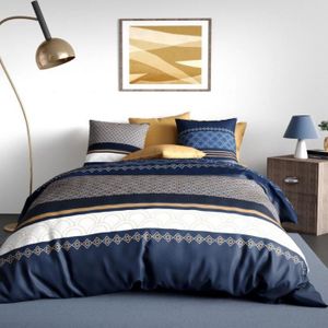 Housse De Couette 240x220 Cm Douceur D'Intérieur – Motif Feuillage Bleu Et Beige – Avec Taies