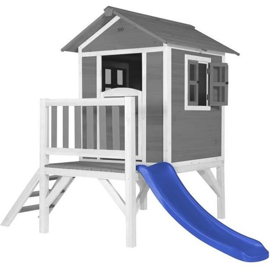 AXI Maison Enfant Beach Lodge XL en Gris avec Toboggan en Bleu | Maison de Jeux en Bois FFC pour Les Enfants | Maisonnette
