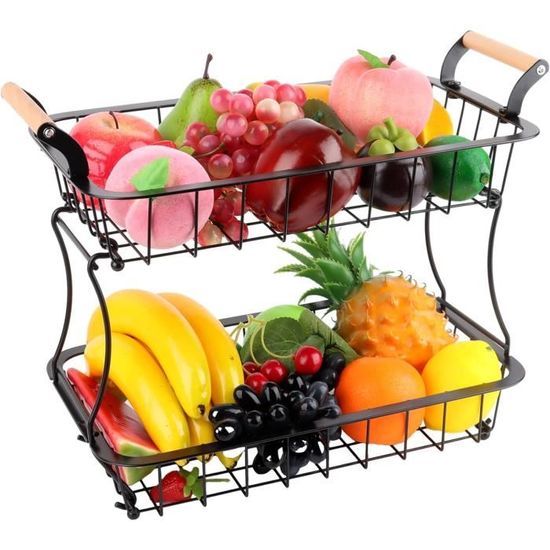 Rangement Fruits Legumes Cuisine Présentoir à Fruits 2 étages Auroni - Corbeille élégante Noir Mat 33cm De Hauteur Présentoir Fruits Noir