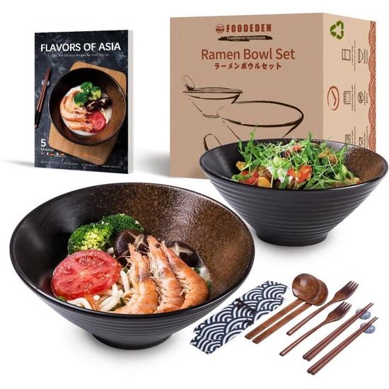Ensemble 2 Bols Ramen Céramique 1000ml Bleu Marine – Avec Baguettes, Cuillères & Recettes – Vaisselle Japonaise Idéale Soupe & Nouilles