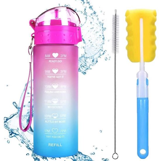 Motswedi Gourde Sport 1L Avec Marqueur De Temps – Bouteille Réutilisable Anti-Fuite En Plastique 1L Pour Fitness, Yoga, Rando – Blanc Cassé & Bleu Clair