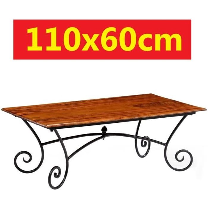 Table basse en Bois de Sheesham Massif 110x60cm pieds enroulées effet fer forgé salon