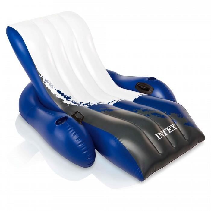 Matelas gonflable Intex luxe bleu et blanc. Chaise longue gonflable DELUXE avec 2 portes boisson pour piscine. Tres c