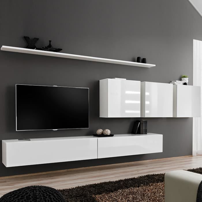 Meuble télé suspendu blanc ANSELMO 3 L 340 x P 40 x H 150 cm Blanc