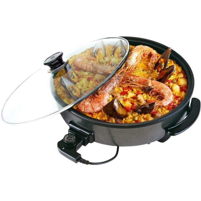 Sogo SS-10060 Poêle multifonction électrique, parfaite pour la paella et les pizzas, avec couvercle en verre, 42 cm de diamètre et 4