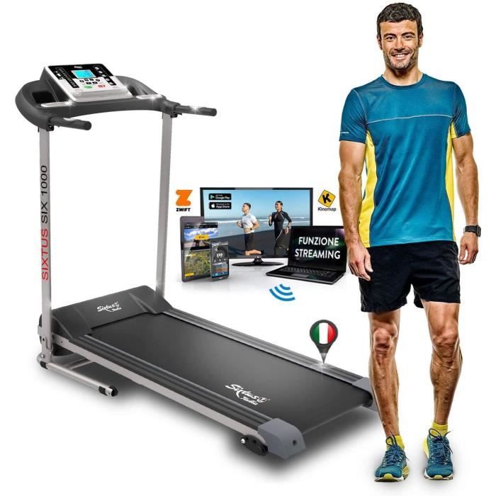 TAPIS DE COURSE Roulant Pliant Electrique SIXTUS 1 HP 25 HP Peak 10 kmh Application KINOMAP et SWIFT Coaching et Multijoueur Blu42